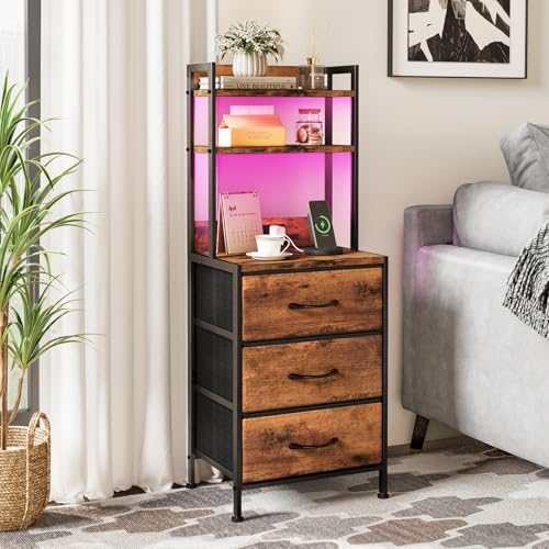 Fixwal 41 Inch Tall Nightstand with Charging Station, Led Night Stand with U-S-B Port & Socket, 3 PU Finished Fabric Storage Drawers, Office, Bedside Table & Bookshelf in One, Rustic Brown Fixwal