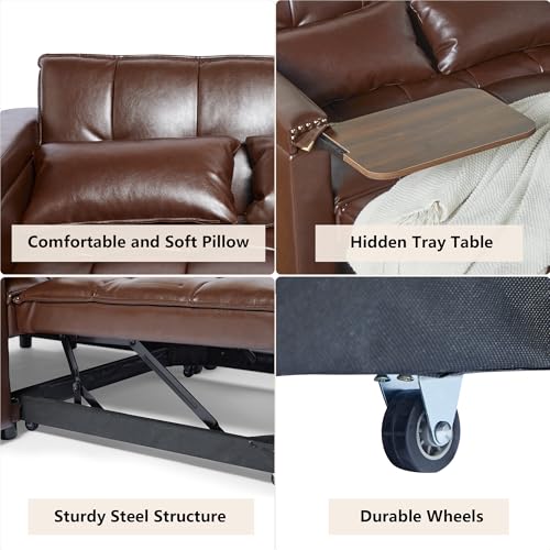 weselon Leather Convertible 3 in 1 Sleeper Sofa Bed, Small Upholstered Loveseat Pull Out Couch, Multi-Functional Sleeper Futon with Hidden Table and Adjustable Backrest for Living Room (Brown) weselon