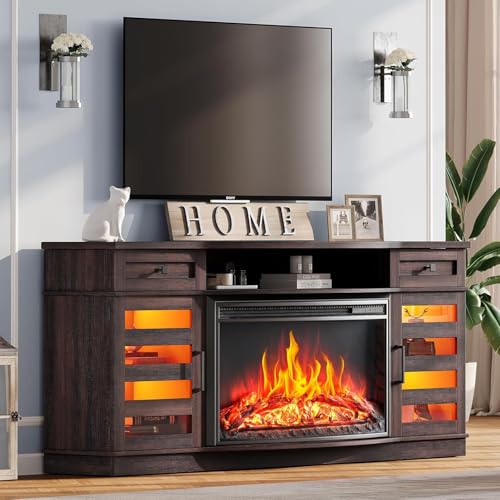 AMERLIFE 70" Farmhouse Fireplace TV Stand with 36'' Curved Electric Fireplace, LED Media Console with 2 Drawers & Adjustable Shelves, Fits 80'' TVs, Espresso AMERLIFE
