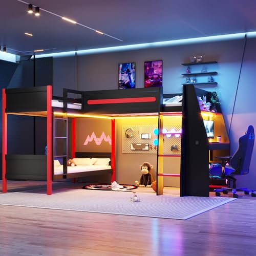 Gaming Triple Bunk Bed with Desk & LED Light & Storage Shelves,Wooden Twin Size L-Shaped Bunk Bed Frame with 3 Beds,Safety Guardrails & Ladders for Gamers Teens Adults,Wood Slat Support,Black Red FUvellamo