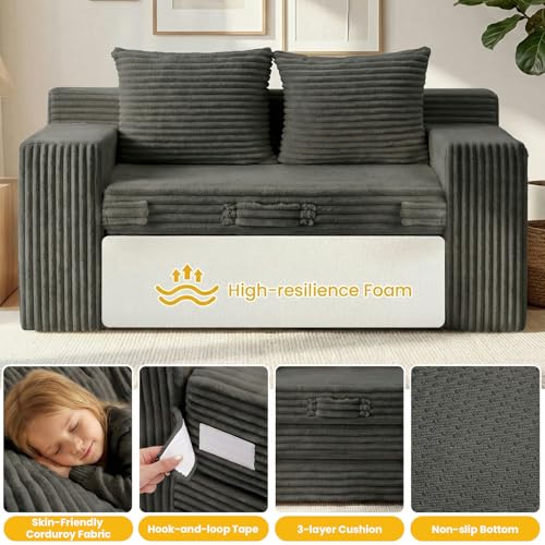 Boneless Loveseat Sleeper Sofa Bed: 3-in-1 Convertible Sofa Bed with Side Pockets & Handle,Pull Out Couch with 2 Pillows,Folding Futon for Small Space,Living Room & Bedroom,Corduroy Fabric,No Assembly Winzoo