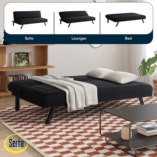 Serta® Damien 66.1" Convertible Futon Sofa, Dreamcoil® Comfort, FingerGuard® Pinch Point Protection, Woven Polyester Fabric, Black Serta
