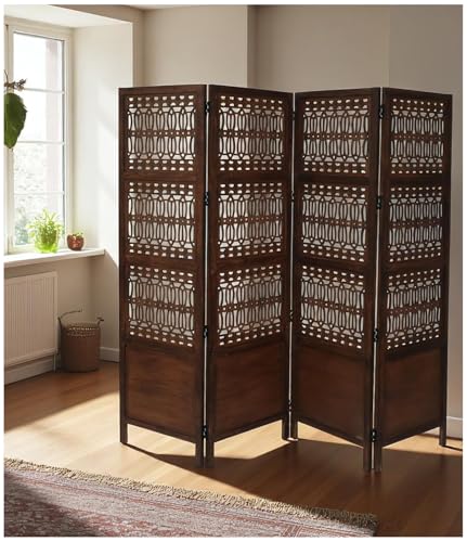 Room Divider Screen, 4-Panel Folding Wood Screen Pattern, Antique Brown, 72 x 80 Inches, Hand Carved Decorative and Functional, Reversible, Portable Privacy Partition, Boho Style – Bedding Craft Bedding Craft
