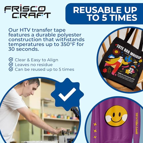 Frisco Craft Heat Transfer Vinyl Transfer Tape - Clear Iron-On Tape for Printable, Patterned HTV & Adhesive for Large & Small Projects, Heat Press, Reusable up to 5 Times, High Tack (12" x 50 ft) Frisco Craft