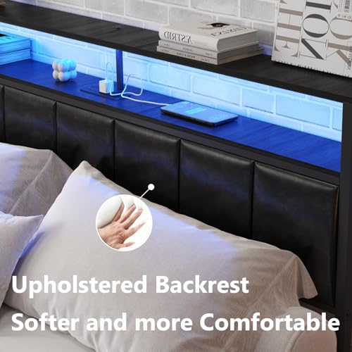 Full Size Bed Frame with Charging Station and LED Lights, Black Upholstered Headboard with 2-Tier Storage Shelves, Metal Bed Frame with Headboard, No Box Spring Needed, Easy Assembly,Black CollaredEagle