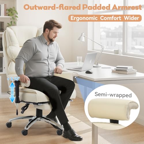 Mvpipi Massage Office Chair with Foot Rest, Ergonomic Executive Heated Office Chair with Reclining Backrest, Adjustable Arms and Lumbar Support, High Back Leather Desk Chairs for Home Office, Beige Mvpipi