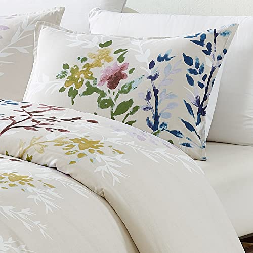 Style Quarters Dahlia Lane 3pc Duvet Cover Set - Multi-Color Floral Stems with White Leafy Silhouettes - 100% Cotton - Machine Washable - Includes 1 Duvet Cover + 2 Shams (Queen) SO OQ STYLE QUARTERS