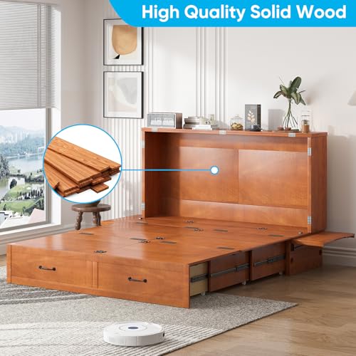 Mjkone Murphy Bed Queen Size, Cabinet Beds with Mattress, Adult Guest Bed with 2 Large Drawer and USB Port & Bedside Panel, Multifunctional Murphy Cabinet Beds for Bedroom/Living Room - Cherry Mjkone