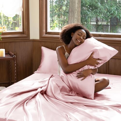 CozyLux Satin Sheets Full Size Sheets - 4 Piece Silky Full Size Bed Sheets, Luxury Dirty Pink Full Bed Set with Smooth and Soft Microfiber, Includes 1 Fitted Sheet, 1 Flat Sheet and 2 Pillowcases CozyLux