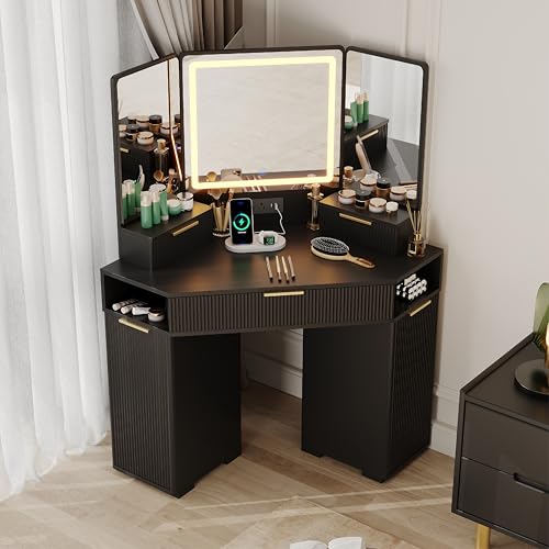 Garvee Black Corner Vanity, Corner Vanity Desk with Mirror and Lights, Fluted Makeup Table with Charging Station, Drawers, Storage Cabinets Garvee