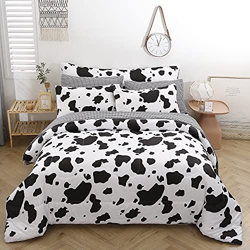 SUCSES Cow Print Queen Comforter Set with Sheets 8Pcs Bed in A Bag Queen Size Bedding Set Geometric Black and White Duvets for All Season SUCSES