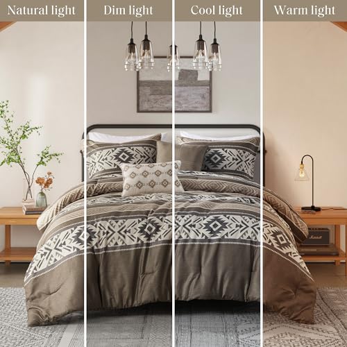 Madison Park Queen Comforter Set, Stripes Herringbone Southwestern Boho Comforters Queen Size, All Season Lightweight & Fluffy Microfiber Bed Set, 2 Décor Pillows, Mariposa, Full/Queen Brown 5 Piece Madison Park