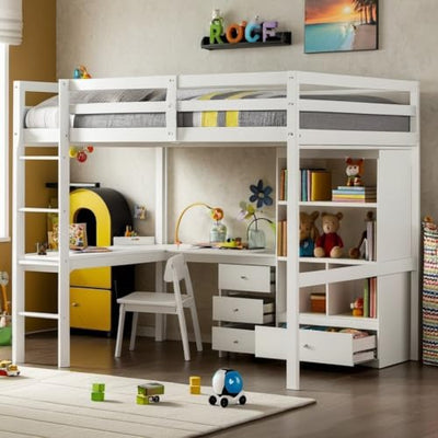 PVWIIK Full Size Loft Bed with Desk & Storage Shelves & Storage Drawers for Kids,Teens,Adults,High Loft Bed with Built-in Ladder & Guardrails,Space Saving,White
