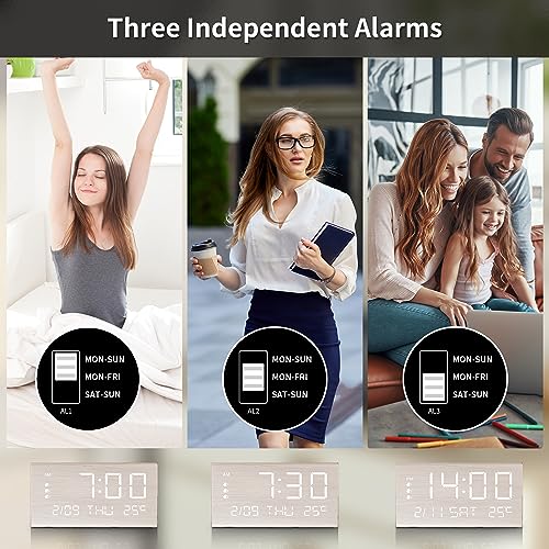 JALL Digital Alarm Clock, with Wooden Electronic LED Time Display, 3 Alarm Settings, Weekday/Weekend Mode, Temperature Detect, Wood Made Electric Clocks for Office, Bedroom, Bedside JALL