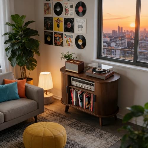 XHSSF Record Player Stand, Midcentury Modern Furniture Turntable Stand with Sliding Doors, Audio-Video Shelving Cabinet, Fluted Media Stand and TV Stand for Living Room, Bedroom (Walnut) (Medium) XHSSF