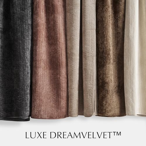 EVERGRACE Velvet Quilt Set King Size, Luxurious Soft Quilted Bedding Sets, Lightweight Velvet Comforter for All Season, Striped Channel Bedspread Coverlet with 2 Shams, Mushroom Brown EVERGRACE