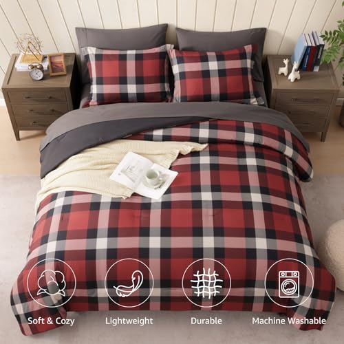 AMBERSPACE Full Size Comforter Set, Red Plaid Bedding Set 7 Pieces for Boys Girls, Classic Checkered All Season Bed in a Bag for Dorm with Sheets, Pillowcases & Shams AMBERSPACE