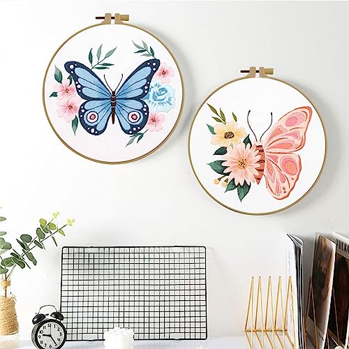 Esffaci Embroidery Starter Kit for Adult Beginner with Blue Butterfly Flowers Pattern Hand Embroidery Set with Cloth Hoop Needle Threader Floss and Instruction
