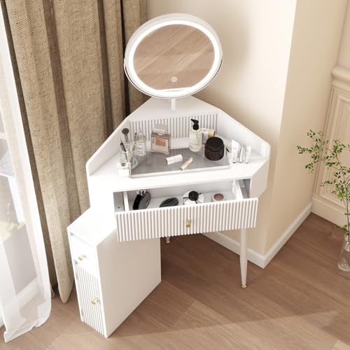 ARTETHYS Corner Vanity Desk with Retractable and Rotating Mirror and Lights Small Modern White Makeup Vanity Set with Glass Top for Women Compact Girls Dressing Table with Drawer for Small Space ARTETHYS