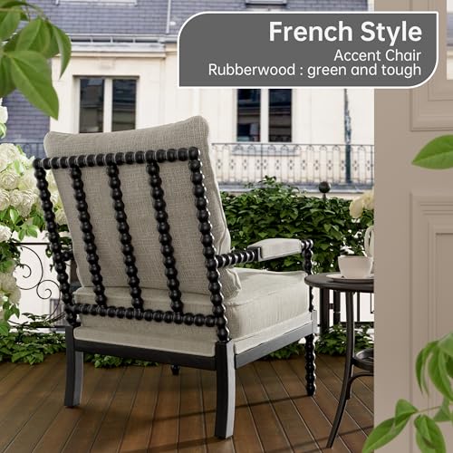 Morden Fort Linen Fabric Spindle Accent Chair with Wood Frame, French Style Accent Chairs with Padded Spring Seat and Armrest Pads, Brushed Base for Living Room Bedroom Farmhouse Office Balcony Morden Fort