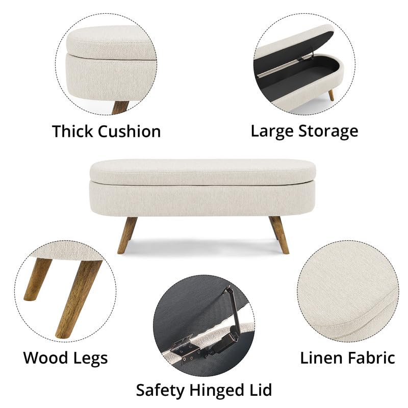 43.5 Inches Storage Ottoman Bench, Linen Upholstered Entryway Bench with Solid Wood Legs & Safety Hinge Flip Top, Oval Foot Rest Sofa Stool for Bedroom End of Bed Living Room, 250 lbs Load, Beige Zaboro