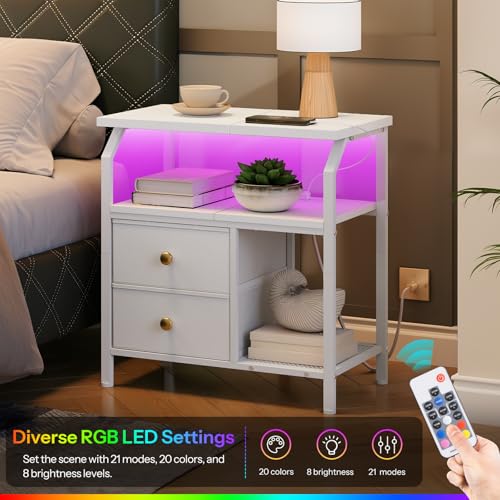 HOOBRO 23 inch Wide Nightstand with Charging Station and LED Light, Night Stand with 2 Fabric Drawers, Bedside Table, Dresser with Open Storage Shelf, End Side Table for Bedroom, White WT160UDBZ01 HOOBRO
