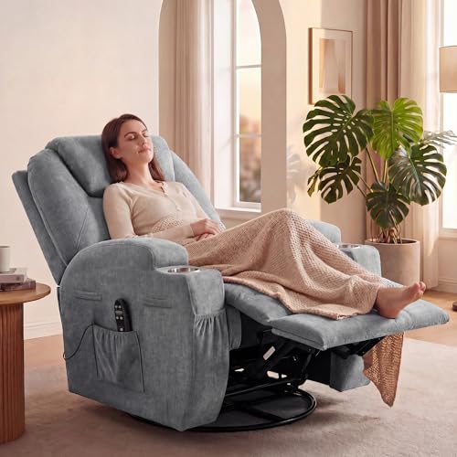 JUMMICO Small Swivel Rocker Recliner, 360 Rocking Chair Recliner with Massage, Upholstered Fabric Rocker Recliner with Cup Holder for Living Room, Bedroom, Nursery (Gray)