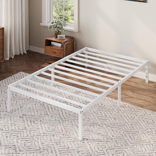 Allewie Twin Bed Frame, 12 Inch Metal Platform Beds with Storage Space, No Box Spring Required and Easy Assembly, White Allewie