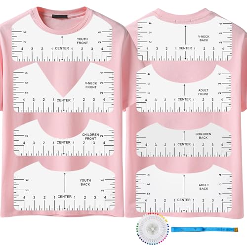 Jiehstu Tshirt Ruler Guide Vinyl Alignment, Transparent V-Neck/Round PVC Ruler for Alignment, Designs Pocket Logo, Fit for Heat Press, Alignment, Children Youth Adult, Front and Back Measurement Jiehstu