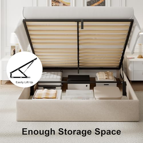 Feonase Full Size Bed Frame with Storage & Charging Station - Hydraulic Lift Up Platform Bed, Upholstered Button Tufted Headboard, Sturdy Wooden Slats, Noise-Free, No Box Spring Needed,Beige Feonase