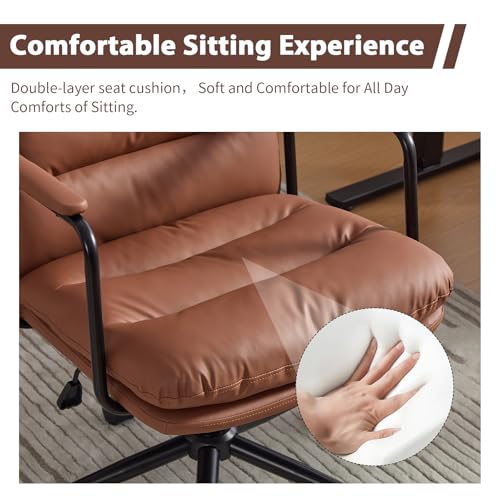 Home Office Chair with Arms, Swivel Criss Cross Chair with Wheels, Comfortable PU Leather Office Desk Chair, Ergonomic Adjustable Height Task Chair with Tilt Lock, Brown Shenyon