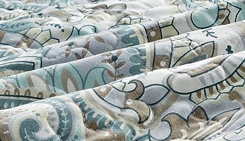 Grand Linen 3 Piece Oversized Lightweight All-Season Paisley Design Quilt Set, King Size, 115” Wide x 95” Long, Soft Microfiber Bedspread with 2 Shams, Blue, Grey and Brown Colors, Reversible Coverlet Grand Linen