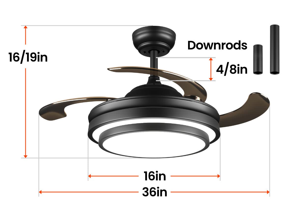 LIGHTIMES Modern 36 x 20 inches Black Reversible Ceiling Fan with Dimmable LED Light, 6 Speed, Remote Control, for Bedroom Live Room LIGHTIMES