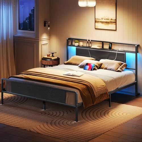 RALGEND Queen Bed Frame with Headboard, LED Upholstered Bed Frame with Charging Station, Metal Platform Bed with Under Bed Storage, No Box Spring Needed, Noise Free, Easy Assembly, Black RALGEND