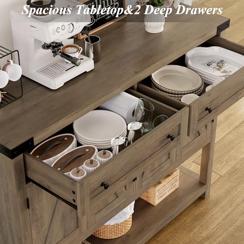 HOSTACK Buffet Sideboard Cabinet with Storage, 47.2‘’ Modern Farmhouse Coffee Bar with 2 Drawers, Barn Doors Console Table with Shelf for Kitchen, Dining Room, Living Room, Entryway (Rustic Brown) HOSTACK