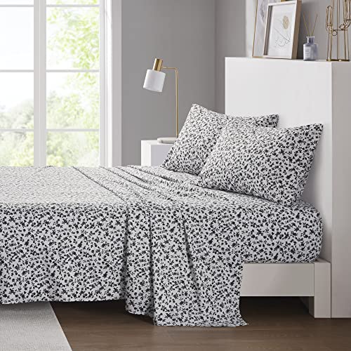 Intelligent Design Printed Microfiber Sheet Set, Soft Modern Bedroom Decor, Elastic Deep Pocket, All Season, Lightweight, Breathable, Cozy Bedding, Matching Pillowcase, King Black Floral 4 Piece Intelligent Design
