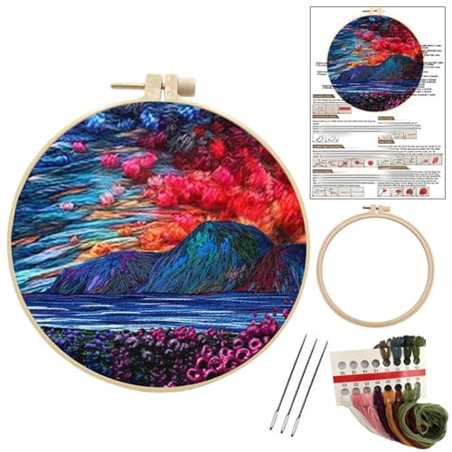 JRYYR Friendship Gifts Beginner Embroidery kit for Adults,Embroidery Kits for Beginners DIY Cross Stitch with Patterns and Instructions (Flower Forest and Sea Mountain)