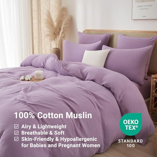 YASMENG 100% Cotton Muslin Duvet Cover Set Twin Size Purple, Ultra Soft Breathable Absorbent Gauze Bedding Duvet Cover, Luxurious Minimalist Natural Wrinkle Linen Textured Comforter Cover 68" x 90" YASMENG