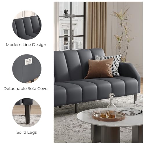 COPIAE Faux Leather Sofa Bed, 78“ Futon Sofa Bed, Adjustable Futon Set Backrest, Sleeper Sofa Couch, Modern Decor Love Seat Couches, Upholstered Couch for Living Room, Bedroom, Dark Gray COPIAE