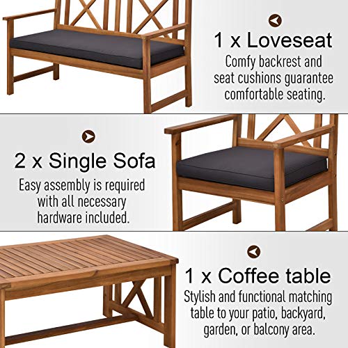 Outsunny 4 Piece Acacia Wood Outdoor Patio Furniture Set with 2 Armchairs, 1 Sofa, & 1 Coffee Table, Cushions Included Outsunny