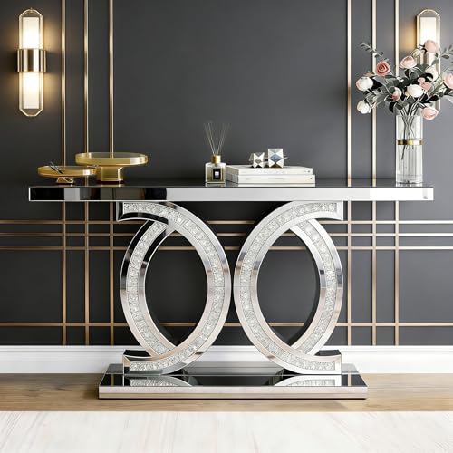 Silver Mirrored Console Table, Modern Luxury Rectangle Sofa Table with Diamond Glass Effects, Elegant Mirrored Furniture for Entryway, Hallway, Entrance (Extra Large) arbol manualidad