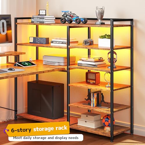 DurayLoly L Shaped Desk with Monitor Stand, 63'' Reversible U Shaped Office Desk with 6 Tire Storage Shelves & 2 Fabric Drawers, Gaming Desk with Power Outlet & LED Strip, Rustic Brown DurayLoly