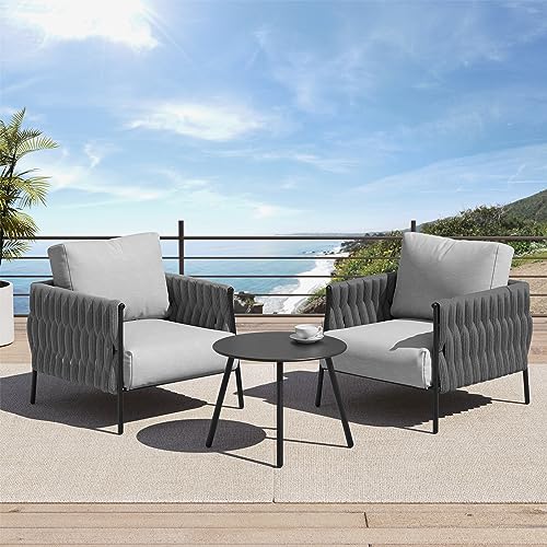 EAST OAK Life Chatter 3-Piece Patio Bistro Set, 2 Armchairs with Thick Cushion & Coffee Table,Deep Seating Patio Furniture for Garden Porch Balcony, Earth Black & Misty Grey EAST OAK