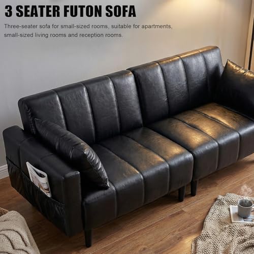 GULFXDS 83" Leather Couch for Living Room, Mid Century Modern 3 Seater Faux Leather Sofa, Comfy Convertible Futon Sofa with Adjustable Backrest for Office, Apartment (Black) GULFXDS