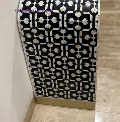 Black and White Geometric Pattern Mother of Pearl Inlay Console Table, Modern Entryway Accent Furniture with Gold Base Generic