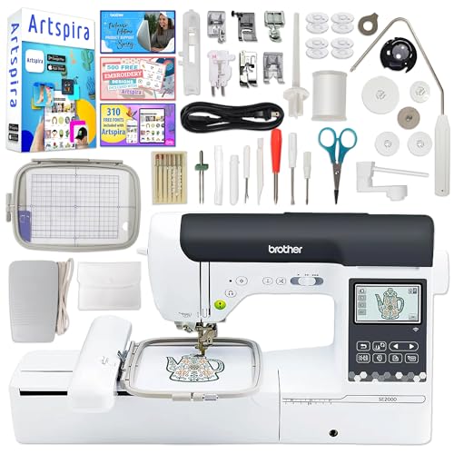 Brother SE2000 5" x 7" Combo Embroidery & Sewing Machine with 5pc Embroidery Hoop Set, Embroidery Threads & Accessories Kit
