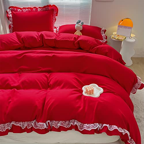 MOOWOO Christmas Chic Ruffle Lace Polyester Duvet Cover Set -Girl Red Bedding-2 Piece Twin Duvet Cover with Zipper Closure -Ultra Soft and Light Weight MOOWOO