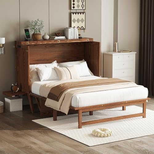 Ball & Cast Murphy Bed Full W/Desk & 2 Removable Shelves,Cabinet Bed W/ 2 USB Port & Power Outlets,Hidden Foldable Wall Bed Frame for Home Office,Apartment,Guest Room,Walnut Ball & Cast