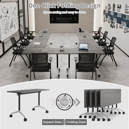Folding Conference Table, Conference Room Tables for 6-12 Person, Modern Modular Training Table with 360° Silent Wheels, Large Mobile Foldable Seminar Meeting Tables for Office (2, Grey2, 55.1in) Jklmzpf