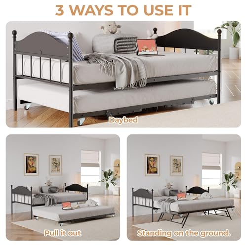 Daybed with Trundle, Metal Twin Size Day Bed with Stylish Headboard, Sofa BedFrame with Pop Up Foldable Trundle Bed, Heavy Duty Steel Slats Platform for Living Room, Bedroom and Guest Room, Black IDEALHOUSE
